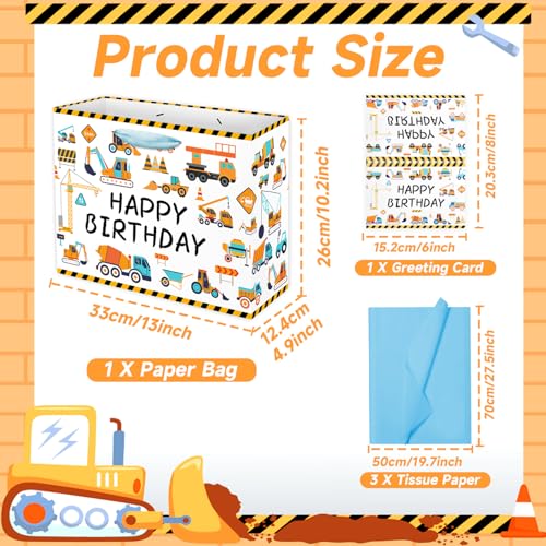 Woohookaka 13" Construction Birthday Gift Bag for Boys, Truck Themed Party Supplies with Tissue Paper & Card, Durable Engineering Vehicles Gift Bag for Kids Birthday Party Favors - color: Truck