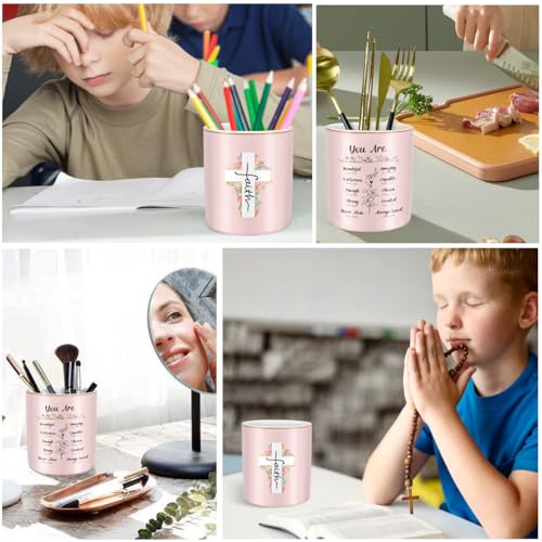 Ceramic Pen Holder for Desk Cute, Pencil Holder Cup, Makeup Brush Holder Pink, Multi-Functional Organizer for Office, Religious Style - color: Religious Style