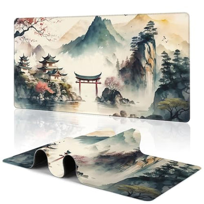 Japanese Mountain Desk Mat Large Mouse Pad Gaming Mousepad 31.5 x 15.8 in | Desk Pad for Keyboard and Mouse, Large Non-Slip Rubber Base Mousepad Desk Mat with Stitched Edges for Gaming Office - color: Japanese Lake and Mountains