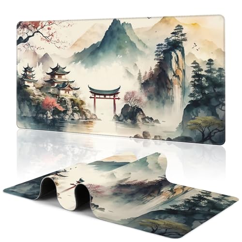 Japanese Mountain Desk Mat Large Mouse Pad Gaming Mousepad 31.5 x 15.8 in | Desk Pad for Keyboard and Mouse, Large Non-Slip Rubber Base Mousepad Desk Mat with Stitched Edges for Gaming Office - color: Japanese Lake and Mountains