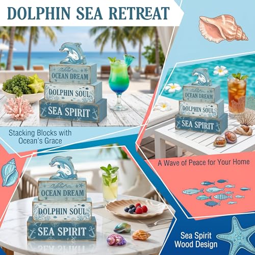 4 Pcs Dolphin Ocean Bathroom Table Decor Summer Dolphin Tiered Tray Decor Blue Nautical Wooden Signs Tabletop Summer Beach Bedroom Home Kitchen Office Decorations Shelf Sitter - style: Dolphin