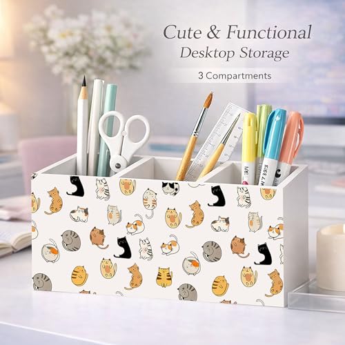 Cartoon Cat Pattern Wooden Desk Organizer | Cute Cat Pen Pencil Holder, 3-Compartment Decorative Office Supply Storage Box for Desk, Home Office, Cat Lover Decor - color: Cat Paw Rock Paper Scissors