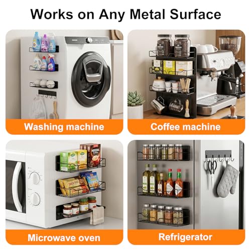 5 Pack Magnetic Shelves for Washing Machine Heavy Duty Magnetic Laundry Organizer with Hooks Metal Washing Machine Storage Shelves for Refrigerator, Washer, Kitchen, Laundry Room Organization (Black)