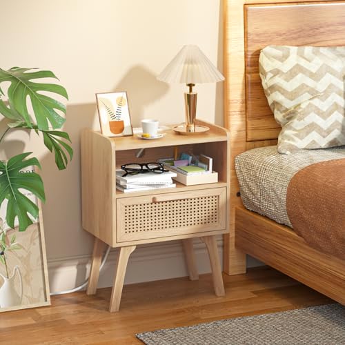 Lerliuo Rattan Nightstand with Charging Station, Boho Night Stand with Handmade Natural Rattan Drawer and Open Shelf, Cane Accent Side End Tables with Solid Wood Legs for Bedroom, Dorm, Small Spaces - color: Wood, size: 1 pack