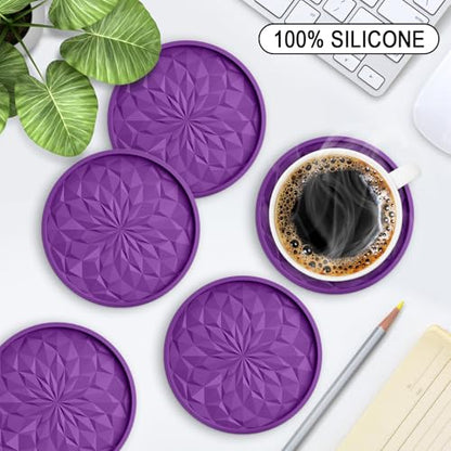 ME.FAN Silicone Coasters with Holder,[6 Pack] Drinking Coasters - Cup Mat for Hot or Cold Drinks, Thickened, Non-Slip, Non-Stick,Deep Tray Dark Purple - color: Dark Purple