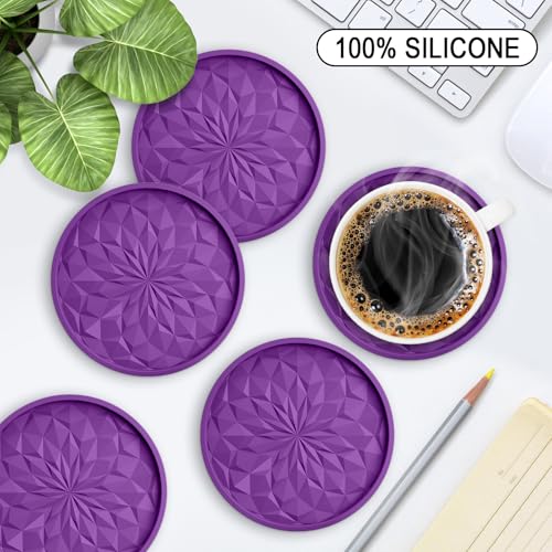ME.FAN Silicone Coasters with Holder,[6 Pack] Drinking Coasters - Cup Mat for Hot or Cold Drinks, Thickened, Non-Slip, Non-Stick,Deep Tray Dark Purple - color: Dark Purple