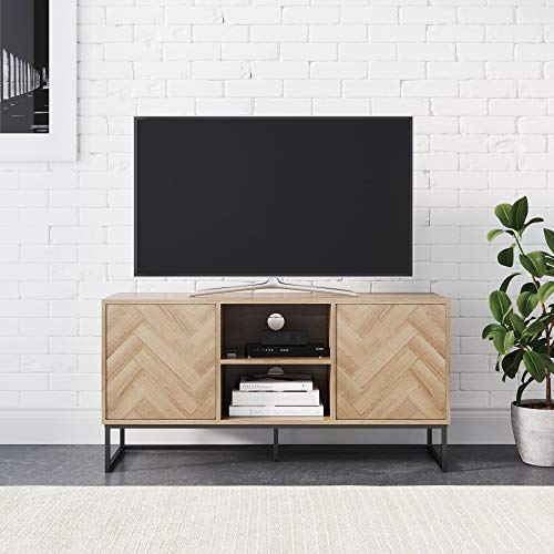 Nathan James Dylan Media Console Cabinet or TV Stand with Doors for Hidden Storage in a Natural Reclaimed Oak Herringbone Wood Pattern and Metal, Oak/Matte Black - color: Oak/Matte Black, style: Bohemian