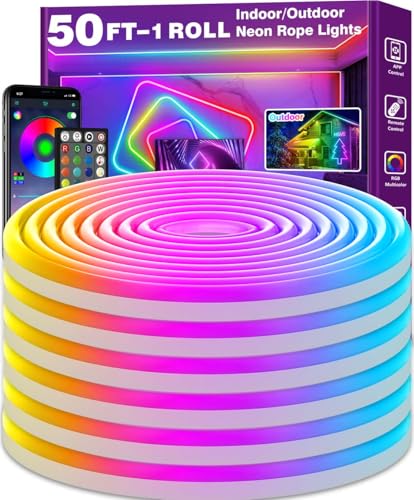 AILBTON 50Ft Neon Rope Lights,Flexible Led Rope Lights Control with App/Remote,Multiple Modes Music Sync Gaming RGB Led Neon Lights for Bedroom Outdoor - size: 50FT