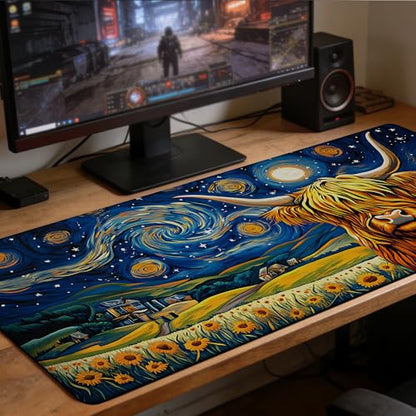 Highland Cow Starry Night Gaming Mouse Pad Large Desk Mat Extended Keyboard Anime Mousepad with Non-Slip Base and Stitched Edge for Desk Home Office Gaming,35.4 x 15.7 Inch - color: Highland Cow Starry Night, size: 15.7*35.4inch