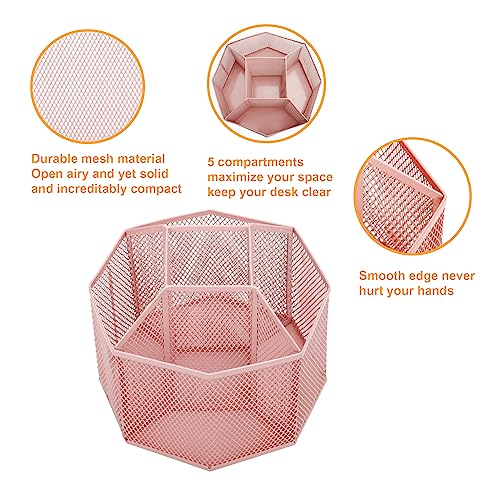 Annova Mesh Desk Organizer Rotate with 5 Compartments Spinning Tidy Candy/Pen Holder Office, Art Supply, Storage, Classroom, Home (Light Pink) - color: Light Pink