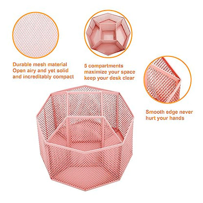 Annova Mesh Desk Organizer Rotate with 5 Compartments Spinning Tidy Candy/Pen Holder Office, Art Supply, Storage, Classroom, Home (Light Pink) - color: Light Pink
