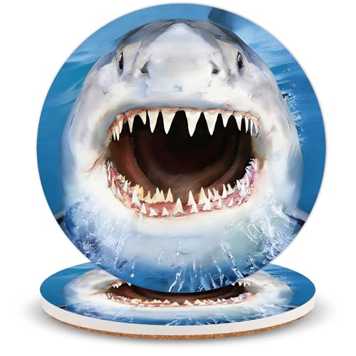 Shark Ceramic Coasters of 2 with Cork Backing Absorbent Cup Coaster | Non-Slip Coasters for Drinks and Coffee Table Office Desk Home Decor, Gifts for Shark Fans, Mom, Ocean Lovers - color: Shark