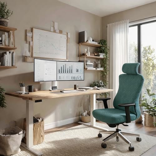 Ergonomic Office Chair Cover with Headrest Covers Green Jacquard Stretch Desk Chair and Headrest Slipcovers Washable - color: Jacqaurd L-green, size: Chair and Headrest Covers