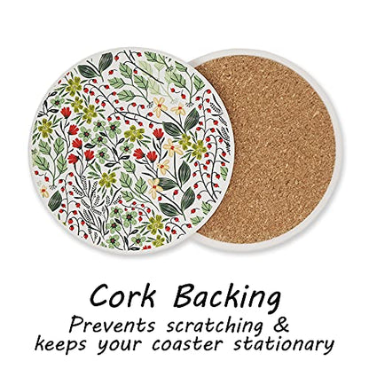AD Set of 6 Coasters for Drinks Absorbing Round Ceramic Stone Coaster with Cork Base,Tabletop Protection Mat for Mugs and Cups,Office,Kitchen (Bontanicals with Holder) - style: Bontanicals with Holder