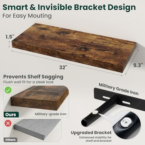 Floating Shelves for Wall 32 in x 9.3 in Deep, Wall Mounted Rustic Wood Shelf with Invisible Brackets for Storage & Display, Living Room Bedroom Bathroom, Brown, 2 Pack - color: Rustic Brown, size: 32 Inch, 2 pack
