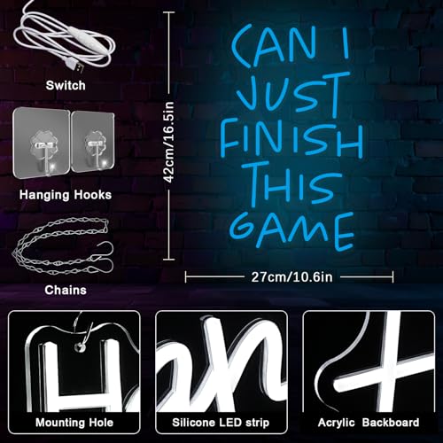 Game Neon Sign Gamer Neon Light for Gaming Room Decor Blue Letter Neon Light Sign for Teens Kid Zone Boy Bedroom Wall Decor (Can I Just Finish This Game) - color: Ice Blue Letter