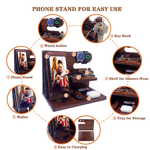 VEIYAILU Gifts for Men Women Brother Boss Boyfriend Him Nightstand Organizer Gifts for Dad from Daughter Son Wood Phone Docking Station (Dark Brown) - color: dark brown