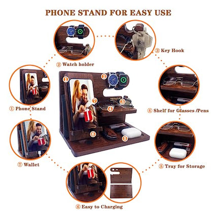 VEIYAILU Gifts for Men Women Brother Boss Boyfriend Him Nightstand Organizer Gifts for Dad from Daughter Son Wood Phone Docking Station (Dark Brown) - color: dark brown