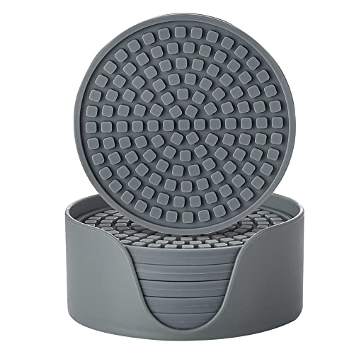 Colinda Silicone Drink Coasters with Holder, Set of 6, Outdoor Cup Mat for Hot or Cold Drinks, Thickened, Non-Slip,Non-Stick, Warm Grey - color: Warm Grey