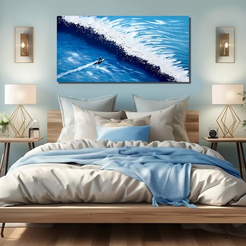 WVMAPTA Blue Ocean Sea Wall Art For Dining Room Modern Painting Wall Art For Living Room Blue And White Wall Decor Teen Bedroom Size 24 x 47 Inch - color: Blue And White, size: 47"L x 24"W
