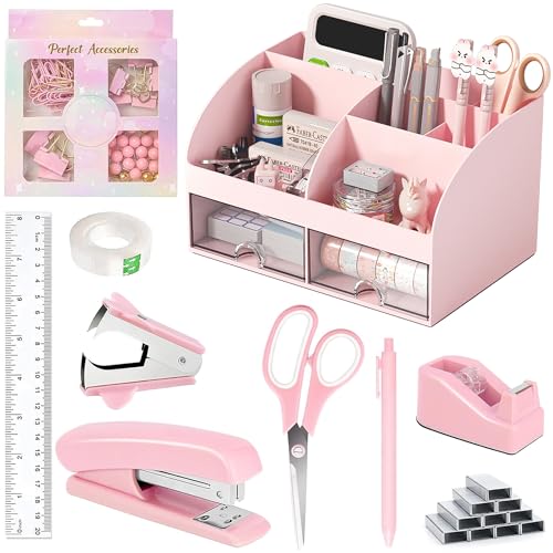 COMFYROOM Pink Desk Accessories with Pen Holder, Pink Office Supplies Desk Organizers and Accessories for women, Tape Dispenser, Stapler, Staple Remover, Staples, Clips Set, Ruler, Scissor, Pen, Tape - color: Desk Accessories Office Supplies-Pink