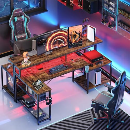 Bestier 71.5 inch Computer Desk with Power Outlets, L Shaped LED Home Office Desk with Long Monitor Stand, Large Corner Desk with Storage Shelf, Cup Holder & Headset Hooks, Modern Simple Table | Printer Shelf, Adjustable Metal Grid, Adjustable Monitor Sta