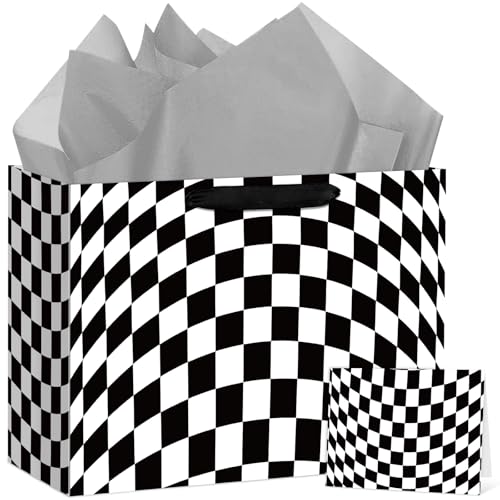 Hooqict Large Checkered Gift Bag Black and White Racing Car Gift Wrap Bag with Handles, Tissue Paper, Greeting Cards for Kids Boys Race Car Birthday Party Decorations Goodie Treat Party Favors - color: Checkered