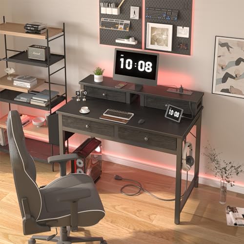 Lufeiya Small Desk with Drawers for Home Office Bedroom, 31 inch Black Writing Study Desks with Fabric Drawers Storage, Gaming Desk Table with Power Outlet & Monitor Stand, Black - color: Black