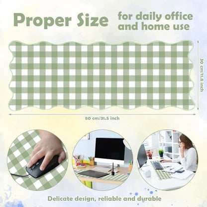 Copkim 1 Pcs Scalloped Green Gingham Desk Mat 31.5 x 11.8 Inch Large Cute Mouse Pad Computer Mat Non Slip Waterproof Rubber Base with Border Stitching Soft Keyboard Pad for Home Office Gaming Makeup - color: Green, style: Gingham