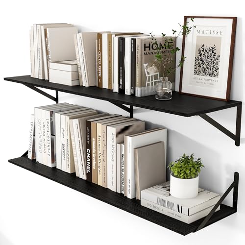 Heimlove Black Deep Floating Shelves for Wall, 44W x 12D Wood Wall Shelves Set of 2, Wide Floating Bookshelf for Living Room, Kitchen, Office, Bedroom and Decor Storage, with Metal Bracket - Black - color: Black With Black Metal Bracket, size: 44wx12dx5.8