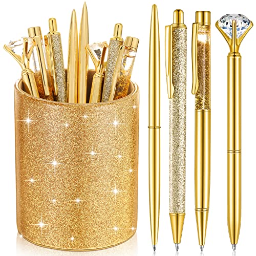 Sabary 8 Pcs Gold Pens with Pen Holder for Desk Glitter Crystal Diamond Cute Ballpoint Fancy Pencil Holder Bling Desk Organizer for Women Girls School Office Supplies Wedding Graduation Gifts - color: Gold