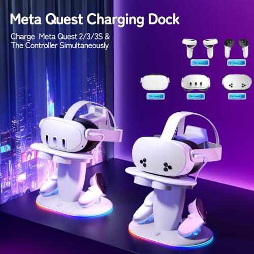 Fast Charging Dock for Meta Quest 3/3s/2 vr Headset and Magnetic Charger for Controllers Simultaneously, RGB Charging Station & Display Stand with Rechargeable Batteries 2pcs and UL AC Adapter