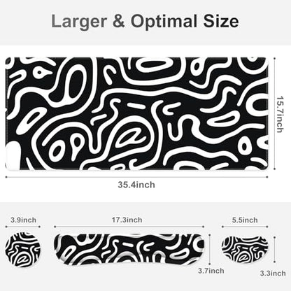 Large Gaming Mouse Pad Set, 4 in 1 Extended Keyboard Desk Mat with Wrist Rest, Computer Game Mousepad, Non-Slip Desk Pad Easy Typing Pain Relief for Home Office I Black White Topographic - color: Black White Topographic