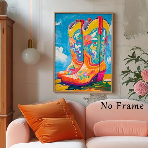 Cowgirl Boot Canvas Wall Art Trendy Western Poster Cowboy Boots Painting Preppy Aesthetic Pictures Abstract Print Cowgirl Boot Artwork Colorful Poster Western Cowboy Wall Art Prints 16x24inch No Frame - color: D1Unframed