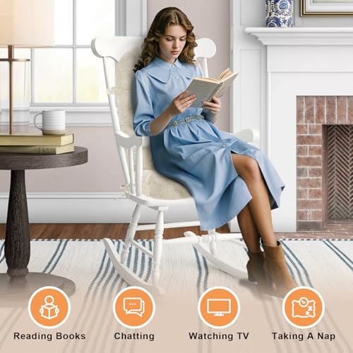 Rocking Chair Cushion - Chenille Fabric, High-Density Sponge, Durable Comfort Double-Sided Tufted Seat Pads with Ties, Chenille︱Oyster White, 44x19x4 inch - color: Reversible | Oyster White