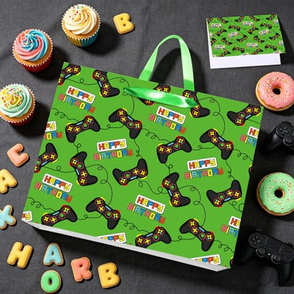 Large Video Game Birthday Gift Bag with Wrapping Tissue Paper and Greeting Card Green Gaming Controller Present Wrapping Bag for Boys Kids Teens Gamers Happy Birthday Party Supplies Gifts Son Grandson