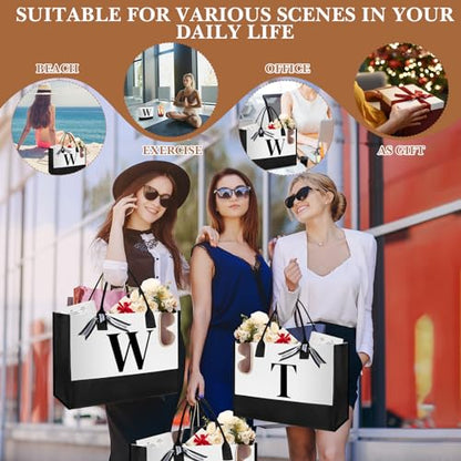 Aliceset Initial Gifts for Women Monogram Canvas Tote Bag and Makeup with Zipper and Initial Glass Coffee Cup Gifts for Her - style: Letter W