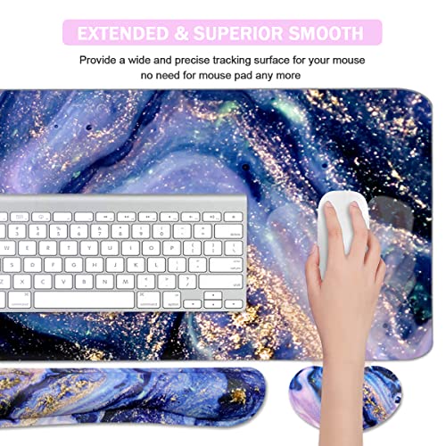 4-in-1 Large Gaming Mouse Pad and Keyboard Wrist Rest, Desk Pad for Keyboard and Mouse, Non-Slip Desk Mat for Home Office Study Game-Purple Marble - color: Purple Marble