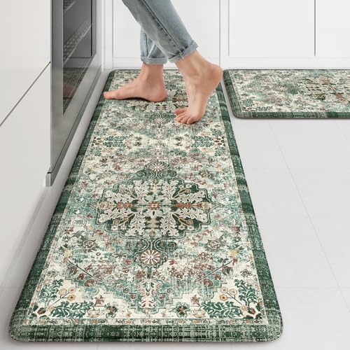 KIMODE Kitchen Mats Cushioned Anti Fatigue, Boho Oriental Kitchen Rugs 17"x47"+17"x29", Non Slip Kitchen Mats for Floor, Padded Kitchen Floor Mats for Sink Laundry Office Desk Green Multi - color: Green/Multi, size: 17.3" x 47"+17.3" x 29"--0.47 inches