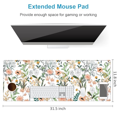 XXL Waterproof Office Desk Pad Protector 31.5x11.8 Inch - Extended Gaming Mouse Pad with Non-Slip Rubber Base, Thickened Keyboard Mat, Stitched Edges & Beautiful Floral Flowers Design - color: White