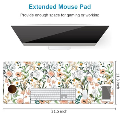 XXL Waterproof Office Desk Pad Protector 31.5x11.8 Inch - Extended Gaming Mouse Pad with Non-Slip Rubber Base, Thickened Keyboard Mat, Stitched Edges & Beautiful Floral Flowers Design - color: White