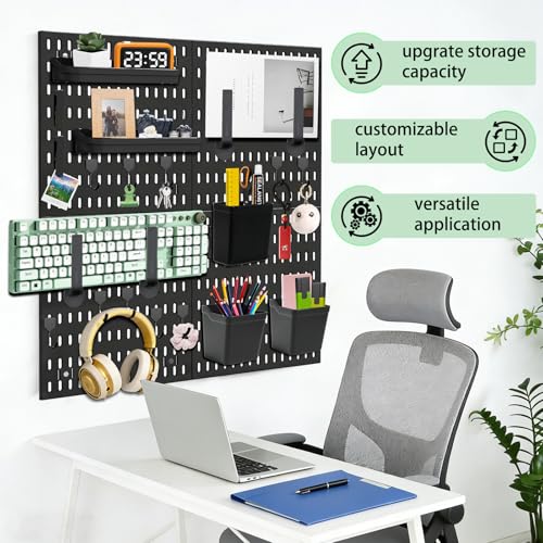 Peg Board Kit, ABS Plastic Wall Organizer Panels, 4 Pack, 12 x 12 in | with Hooks / Shelves / Bins / Accessories, Wall Mounted / No Drill / Adhesive, for Office / Gaming Room / Craft Room
