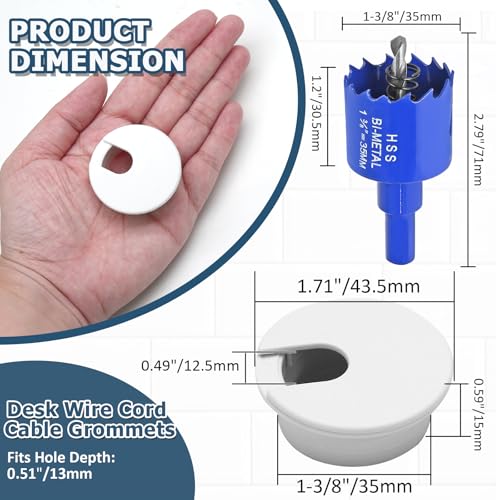 8pcs 1-3/8 Inch Desk Grommet with Drilling Hole Saw, Plastic Desk Hole Cover, White Cable Hole Cover, Desk Hole Grommet for Wire Cord Organizing Office Computer Desk - color: White, size: 1-3/8 Inch
