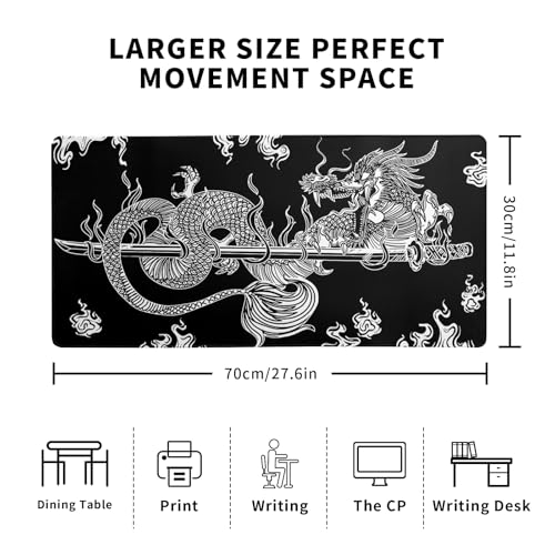 Dragon Gaming Mouse Pad Black Large Mouse Pad for Keyboard and Mousepad Desk Mat with 3mm Non-Slip Base and Stitched Edge for Gaming and Office Computer Mat Protector Mat 27.6x11.8 Inch - color: Dragon