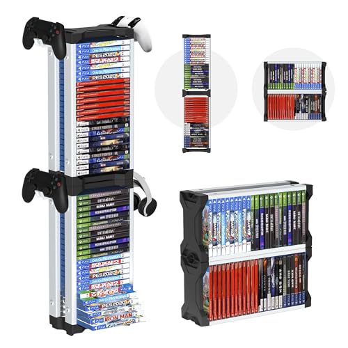 White Video Game Storage Tower 46 PCS - Universal Organizer for PS5 PS4 PS3 PS2 PSP, Xbox Series X/S One 360, Wii Wii U, Switch Switch 2 | Holds Game Cases, Controllers & Headphones - color: White and Black, size: 33.9×8.7×5.5 Inch