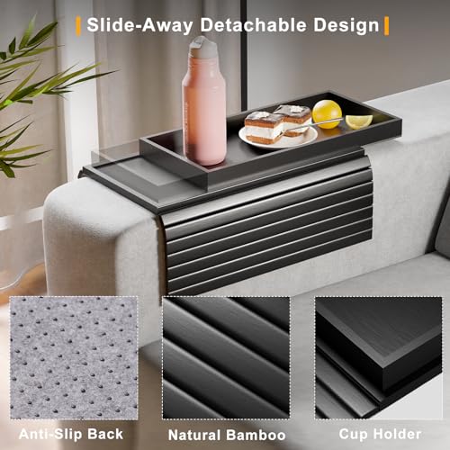 Bestjing Bamboo Sofa Armrest Tray Table for Couch - 2-in-1 Couch Arm Table with Be Slide Detachable Tray- Anti-Slip Foldable Sofa Armchair Caddy for Drinks Cellphone TV Remote Snacks (Black) - color: Black, size: 16.9" x 13.3" x 1.5"