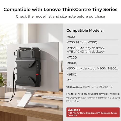 Mini PC VESA Mount for Lenovo with Desk Clamp Behind Monitor/Wall/Under Desk/C-Clamp Desktop Mounting Bracket for Lenovo ThinkCentre M600 M700 M710Q M910Q Tiny Desktops Mini PC Mount to Monitor Arm