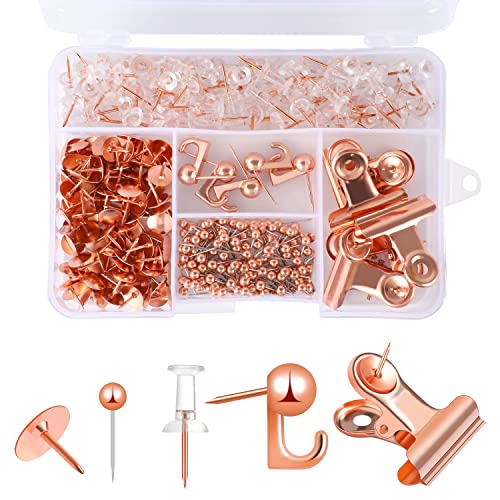 310 Pcs Rose Gold Push Pins Set, Thumb Tacks Decorative Push Pins for Cork Board with Push Pin Hook Pushpin Clip 5 Style Office Accessories for Cork Board Map Office (Rose Gold) - color: Rose Gold