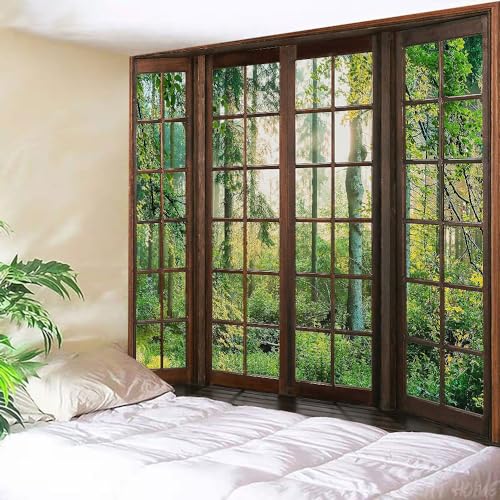 Aidatain Green Forest Natural Tapestry Window Scenery Wall Aesthetic Tapestry for Bedroom Flannel 93" L x 71" W Beach Blanket Living Dinning Room College Dorm Wall Hanging GTDJAT0093 - size: 93"L x 71"W