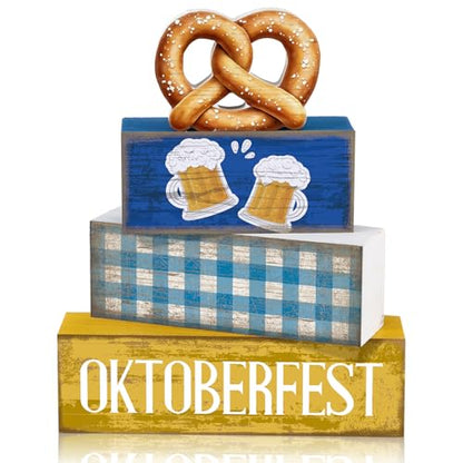 Yuntau 4 Pcs Oktoberfest Table Decorations Wooden Beer Tabletop Centerpiece Bavarian German Festival Tiered Tray Decor Rustic Oktoberfest Block Sign for Photo Prop Party - style: Oktoberfest